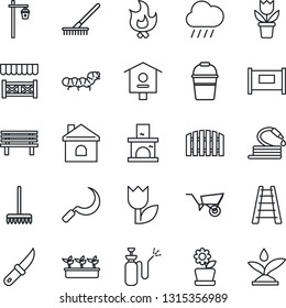 Thin Line Icon Set - fence vector, flower in pot, rake, ladder, wheelbarrow, bucket, fire, house, seedling, rain, hose, sickle, garden knife, bench, light, fireplace, caterpillar, bird, sprayer