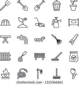 Thin Line Icon Set - fence vector, job, garden fork, shovel, farm, rake, seedling, watering, sproute, saw, lawn mower, fire, hose, bench, light, greenhouse, caterpillar, picnic table, sprayer, tulip