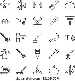 Thin Line Icon Set - fence vector, garden fork, farm, rake, wheelbarrow, hoe, sickle, plant label, pumpkin, greenhouse, sprayer, drip irrigation, windmill