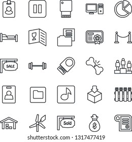 Thin Line Icon Set - fence vector, bed, pedestal, barbell, broken bone, package, pause button, folder, music, pie graph, document, identity card, warehouse, sale, sold signboard, wine, pc, radiator