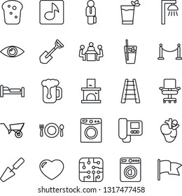 Thin Line Icon Set - fence vector, bed, washer, trowel, shovel, ladder, wheelbarrow, fireplace, real heart, eye, music, office chair, meeting, manager, cafe, phyto bar, beer, bread, chip, intercome