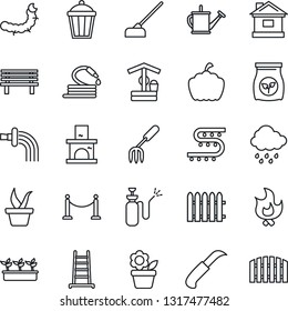 Thin Line Icon Set - fence vector, flower in pot, garden fork, ladder, seedling, watering can, fire, house, rain, well, hose, hoe, knife, bench, pumpkin, light, fireplace, caterpillar, sprayer