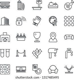 Thin Line Icon Set - fence vector, baggage conveyor, plane globe, office building, document reload, glove, blood test vial, route, navigation, railroad, fragile, heavy scales, menu, music, meeting