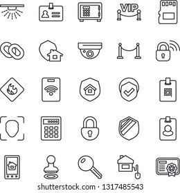 Thin Line Icon Set - fence vector, identity, stamp, safe, shield, flammable, chain, sd, lock, face id, card, key, estate insurance, vip zone, home control, wireless, app, protect, combination, pass