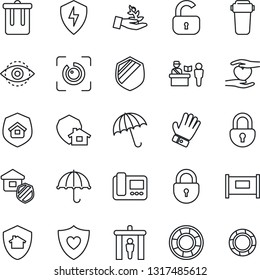 Thin Line Icon Set - fence vector, passport control, security gate, umbrella, trash bin, lock, glove, heart shield, hand, protect, eye id, estate insurance, intercome, water filter, home