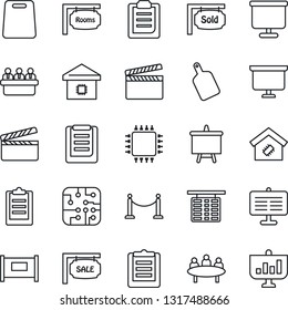 Thin Line Icon Set - fence vector, flight table, presentation board, meeting, clipboard, clapboard, sale, rooms, sold signboard, smart home, cutting, chip