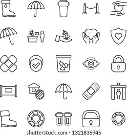 Thin Line Icon Set - fence vector, passport control, security gate, umbrella, trash bin, boot, patch, heart shield, hand, lock, eye id, estate insurance, water filter, palm sproute