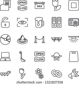 Thin Line Icon Set - fence vector, office binder, notebook pc, caterpillar, picnic table, tulip, chain, stop button, pie graph, document folder, sale, lock, beer, dress code, open close, ladle, gear