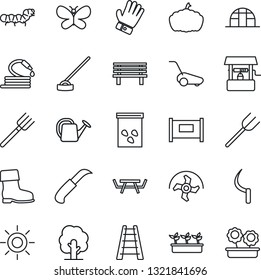 Thin Line Icon Set - fence vector, farm fork, ripper, ladder, tree, watering can, glove, boot, lawn mower, butterfly, seedling, sun, well, hose, hoe, sickle, garden knife, bench, pumpkin, greenhouse