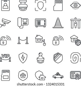Thin Line Icon Set - fence vector, security gate, alarm car, border cone, safe, shield, protect, sd, face id, eye, identity card, stamp, estate insurance, vip zone, home control, wireless lock