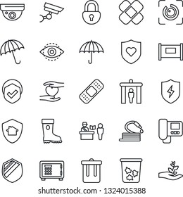 Thin Line Icon Set - fence vector, passport control, security gate, umbrella, trash bin, safe, boot, hose, patch, heart shield, hand, protect, lock, eye id, intercome, home, surveillance