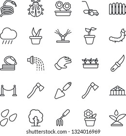 Thin Line Icon Set - fence vector, flower in pot, trowel, garden fork, seedling, tree, watering, glove, lawn mower, lady bug, rain, hose, knife, axe, greenhouse, seeds, caterpillar, irrigation