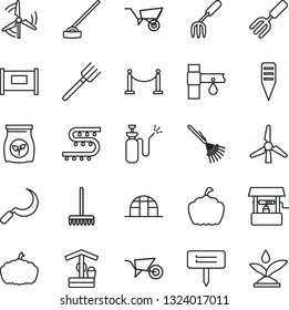 Thin Line Icon Set - fence vector, garden fork, farm, rake, wheelbarrow, well, hoe, sickle, plant label, pumpkin, greenhouse, sprayer, fertilizer, drip irrigation, windmill