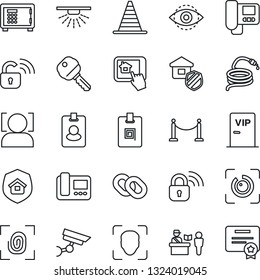 Thin Line Icon Set - fence vector, passport control, border cone, safe, hose, chain, face id, eye, identity card, key, estate insurance, vip zone, fingerprint, wireless lock, intercome, home app