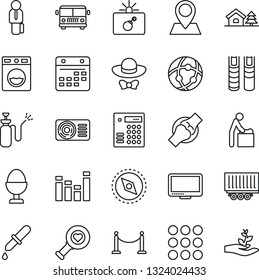 Thin Line Icon Set - fence vector, airport bus, bomb in case, baby room, garden sprayer, dropper, heart diagnostic, joint, pin, truck trailer, equalizer, monitor, menu, network, calendar, compass