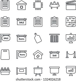 Thin Line Icon Set - fence vector, flight table, presentation board, meeting, clipboard, clapboard, sale, rooms, sold signboard, smart home, cutting, chip