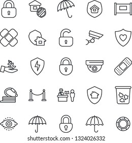 Thin Line Icon Set - fence vector, passport control, umbrella, trash bin, lock, hose, patch, heart shield, protect, eye id, estate insurance, home, surveillance, palm sproute, crisis management
