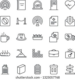 Thin Line Icon Set - fence vector, hot cup, bomb in case, ticket office, medical room, seedling, heart pulse, diagnosis, heavy, antenna, equalizer, battery, mail, compass, copybook, blank box, bread
