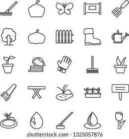 Thin Line Icon Set - fence vector, garden fork, rake, seedling, tree, watering can, glove, boot, saw, butterfly, water drop, hose, hoe, plant label, pumpkin, pond, picnic table, tulip