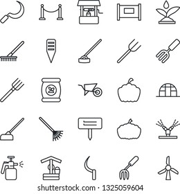 Thin Line Icon Set - fence vector, garden fork, farm, rake, wheelbarrow, well, hoe, sickle, plant label, pumpkin, greenhouse, sprayer, fertilizer, irrigation, windmill