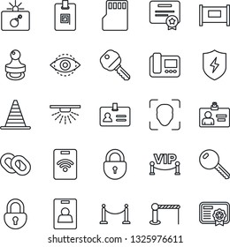 Thin Line Icon Set - fence vector, barrier, bomb in case, identity, border cone, lock, card, chain, protect, sd, face id, eye, stamp, key, vip zone, intercome, pass, sprinkler, certificate