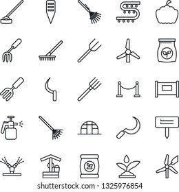 Thin Line Icon Set - fence vector, garden fork, farm, rake, well, hoe, sickle, plant label, pumpkin, greenhouse, sprayer, fertilizer, drip irrigation, windmill