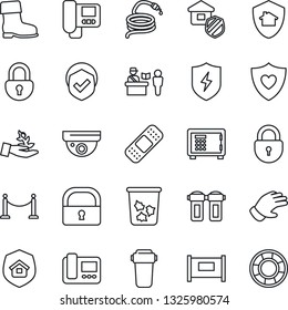 Thin Line Icon Set - fence vector, passport control, trash bin, safe, lock, glove, boot, hose, patch, heart shield, protect, estate insurance, intercome, water filter, home, surveillance