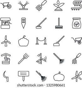 Thin Line Icon Set - fence vector, garden fork, farm, rake, wheelbarrow, well, hoe, sickle, plant label, pumpkin, fertilizer, drip irrigation, windmill