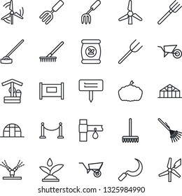 Thin Line Icon Set - fence vector, garden fork, farm, rake, wheelbarrow, well, hoe, sickle, plant label, pumpkin, greenhouse, fertilizer, drip irrigation, windmill