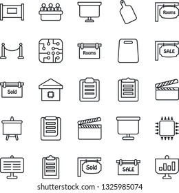 Thin Line Icon Set - fence vector, presentation board, meeting, clipboard, clapboard, sale, rooms, sold signboard, smart home, cutting, chip