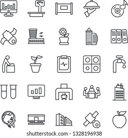 Thin Line Icon Set - fence vector, baby room, plane globe, airport building, statistic monitor, seedling, blood test vial, pulse clipboard, satellite, heavy scales, railroad, music, application