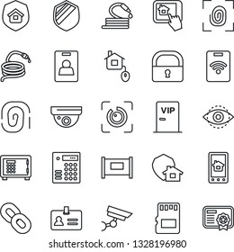 Thin Line Icon Set - fence vector, identity, safe, hose, shield, chain, sd, lock, eye id, card, estate insurance, vip zone, home control, fingerprint, app, protect, combination, pass, surveillance