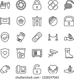 Thin Line Icon Set - fence vector, passport control, security gate, trash bin, safe, glove, boot, hose, patch, heart shield, hand, lock, estate insurance, intercome, surveillance, palm sproute