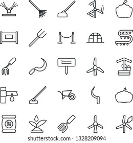 Thin Line Icon Set - fence vector, garden fork, farm, rake, wheelbarrow, well, hoe, sickle, plant label, pumpkin, greenhouse, fertilizer, drip irrigation, windmill