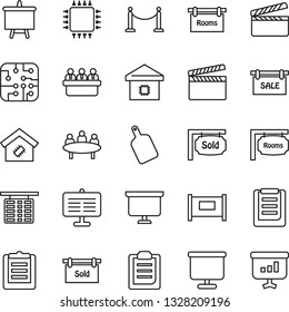 Thin Line Icon Set - fence vector, flight table, presentation board, meeting, clipboard, clapboard, sale, rooms, sold signboard, smart home, cutting, chip