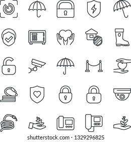 Thin Line Icon Set - fence vector, umbrella, safe, lock, boot, hose, heart shield, hand, protect, eye id, estate insurance, intercome, surveillance, palm sproute