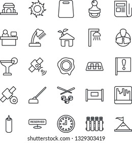 Thin Line Icon Set - fence vector, taxi, manager place, stamp, sun, hoe, important flag, satellite, client, clock, news, scanner, desk lamp, reserved, cocktail, cafe building, candle, cutting board