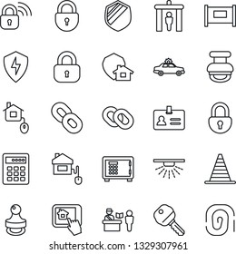 Thin Line Icon Set - fence vector, passport control, security gate, alarm car, identity, border cone, safe, lock, shield, chain, protect, stamp, key, home, wireless, app, combination, sprinkler