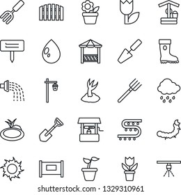 Thin Line Icon Set - fence vector, flower in pot, trowel, garden fork, shovel, farm, seedling, watering, sproute, boot, water drop, sun, rain, well, plant label, light, caterpillar, pond, tulip