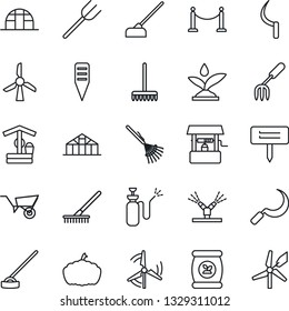 Thin Line Icon Set - fence vector, garden fork, farm, rake, wheelbarrow, well, hoe, sickle, plant label, pumpkin, greenhouse, sprayer, fertilizer, windmill, irrigation