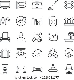 Thin Line Icon Set - fence vector, 24 around, reception, bed, tree, glove, hoe, doctor case, pills, satellite, up side sign, oil barrel, heavy scales, equalizer, monitor, user, paper tray, rooms