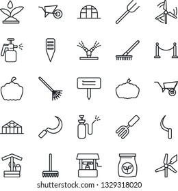Thin Line Icon Set - fence vector, garden fork, farm, rake, wheelbarrow, well, sickle, plant label, pumpkin, greenhouse, sprayer, fertilizer, windmill, irrigation