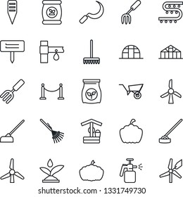 Thin Line Icon Set - fence vector, garden fork, rake, wheelbarrow, well, hoe, sickle, plant label, pumpkin, greenhouse, sprayer, fertilizer, drip irrigation, windmill