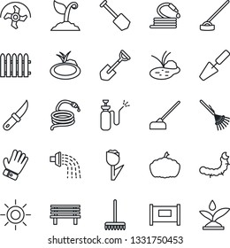 Thin Line Icon Set - fence vector, job, trowel, shovel, ripper, rake, watering, sproute, glove, sun, hose, hoe, garden knife, bench, pumpkin, caterpillar, pond, sprayer, tulip, irrigation