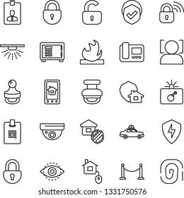 Thin Line Icon Set - fence vector, alarm car, bomb in case, safe, lock, identity card, shield, flammable, protect, face id, eye, stamp, estate insurance, home control, wireless, intercome, app