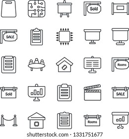 Thin Line Icon Set - fence vector, presentation board, meeting, clipboard, clapboard, sale, rooms, sold signboard, smart home, cutting, chip