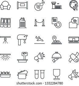 Thin Line Icon Set - fence vector, arrival, plane globe, airport building, document reload, seedling, blood test vial, navigation, satellite, fragile, heavy scales, railroad, music, paper binder