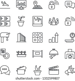 Thin Line Icon Set - fence vector, arrival, checkroom, office building, growth statistic, monitor, document reload, seedling, navigation, heavy scales, clapboard, dialog, scanner, application