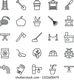 Thin Line Icon Set - fence vector, job, garden fork, rake, ladder, seedling, tree, bucket, watering, glove, lawn mower, lady bug, hose, hoe, axe, pumpkin, fireplace, greenhouse, picnic table, alcove