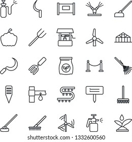 Thin Line Icon Set - fence vector, garden fork, farm, rake, well, hoe, sickle, plant label, pumpkin, greenhouse, sprayer, fertilizer, drip irrigation, windmill
